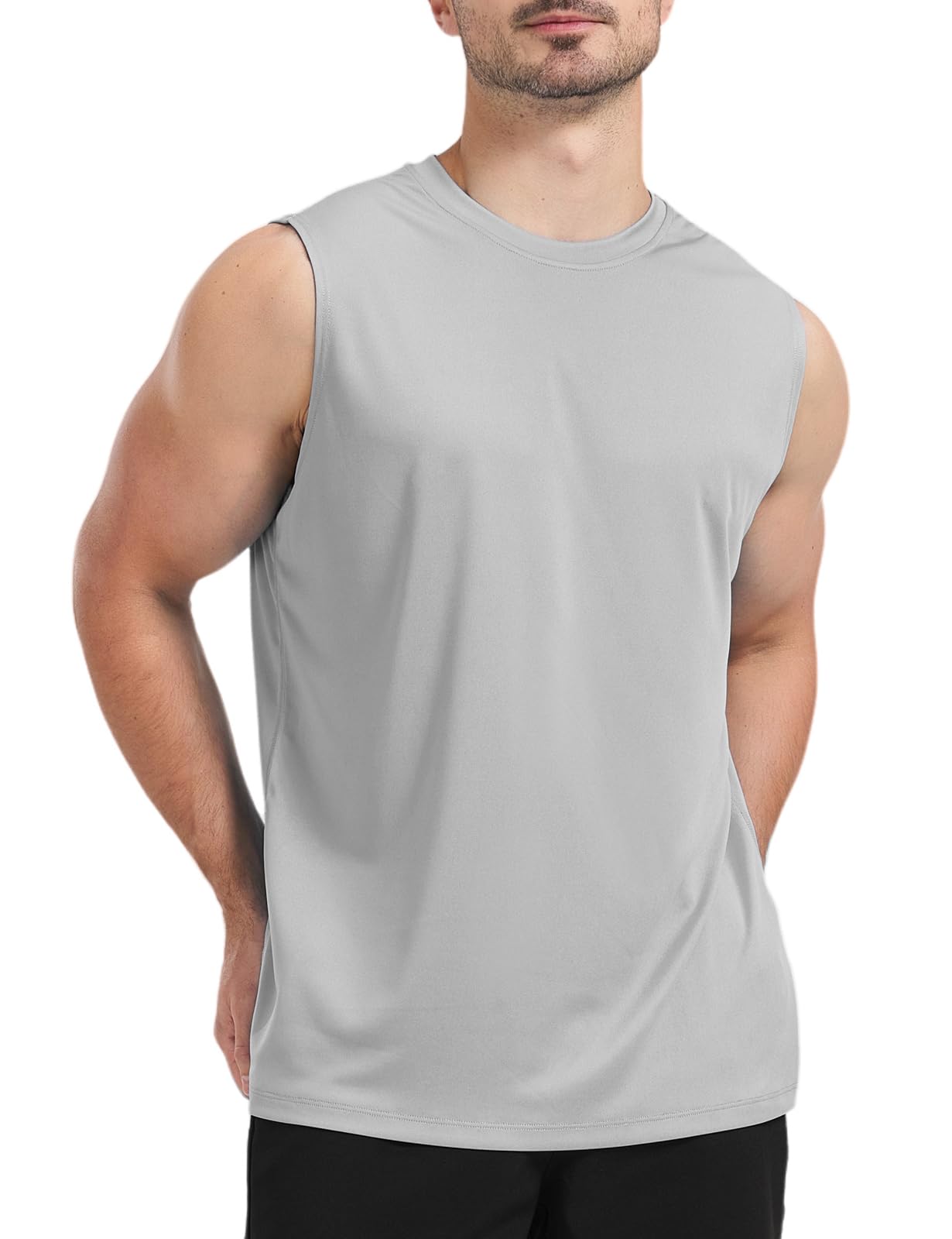 Men's UPF 50+ Sleeveless Workout Tank Top – Quick Dry, Muscle Fit | Light Grey XL