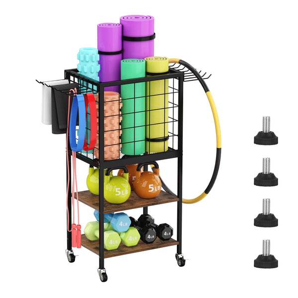 3-Tier Wooden Home Gym Storage Rack – Dumbbell Stand, Yoga Mat Holder & Equipment Organizer with Wheels