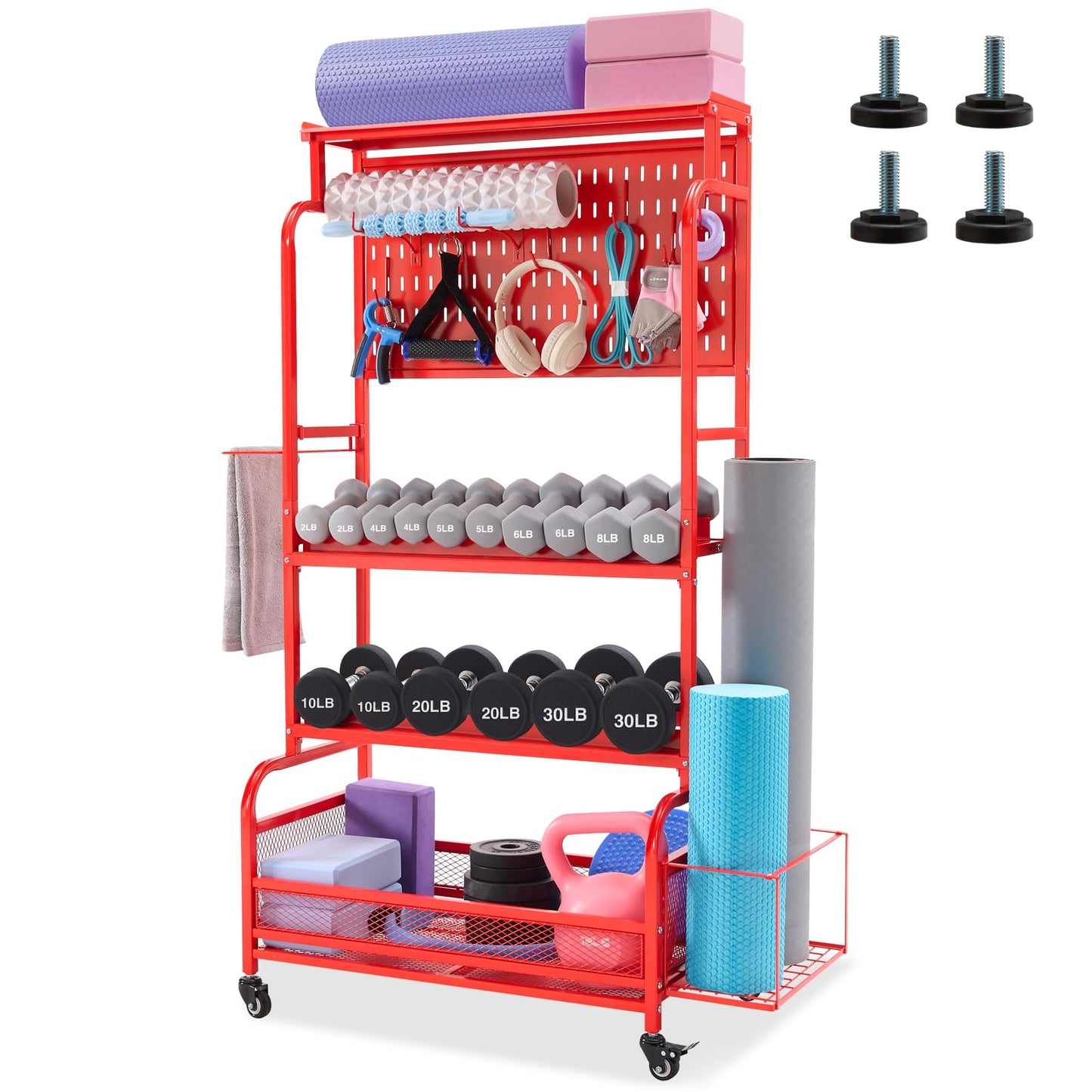 56" Home Gym Storage Rack – All-in-One Organizer for Dumbbells, Yoga Mats, Kettlebells & More | Wheels & Hooks Included