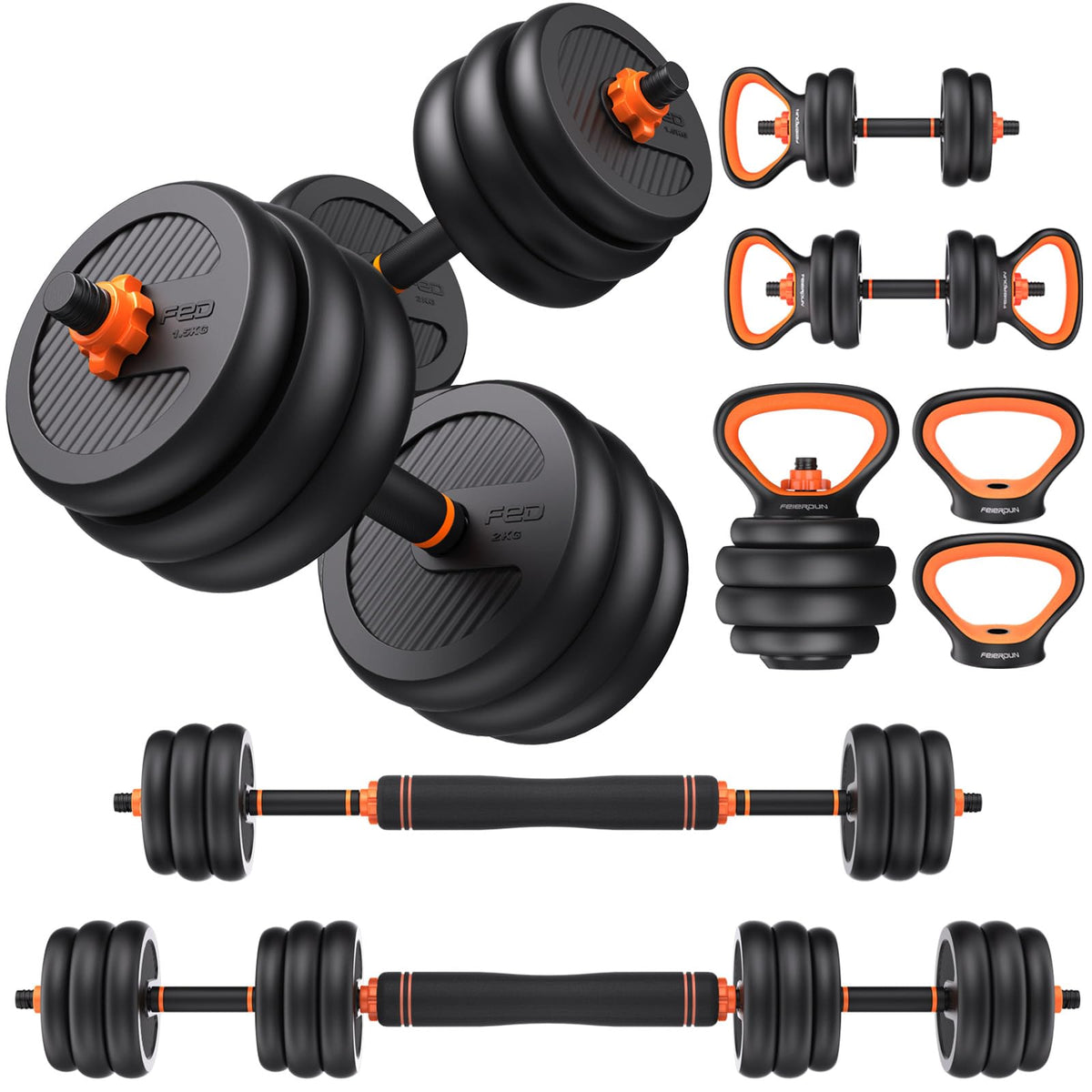 FEIERDUN 40lbs Adjustable Dumbbell Set – 4-in-1 Barbell, Kettlebell & Push-Up Stand